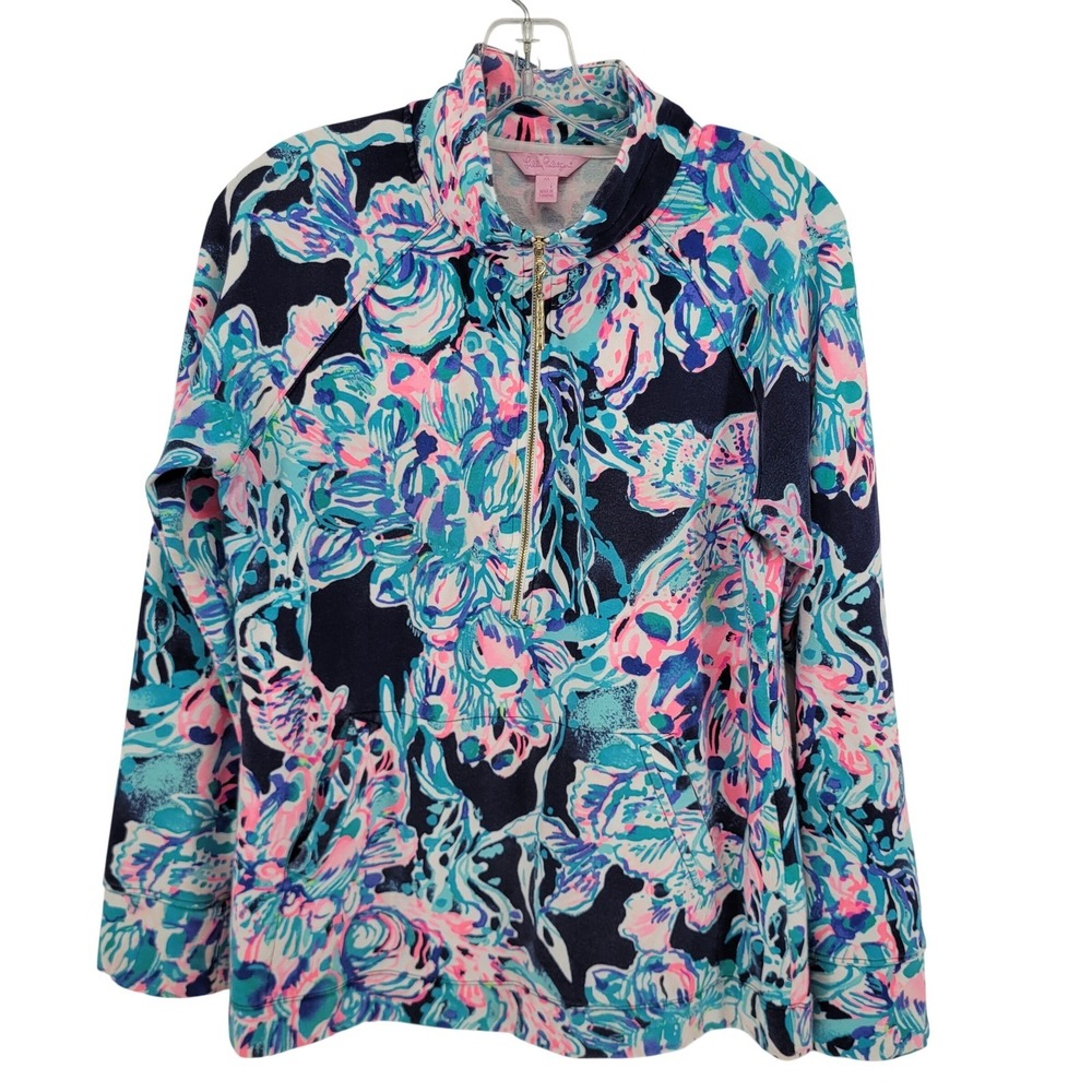 Lilly Pulitzer Skipper Popover Sweatshirt Blue Pink Floral Half Zip Bamboo M